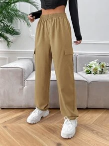 Muchica Quần nữ Túi màu trơn Giải trí - Màu Khaki - Xem 5