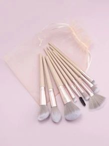 RANCAI 9pcs Makeup Brush Set, Includes Powder Brush And Foundation Brush, Portable Makeup Tools, With Mesh Storage Bag - Beige - View 4