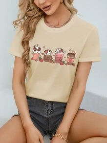 SHEIN EZwear Strawberry And Letter Graphic Tee - Khaki - View 1