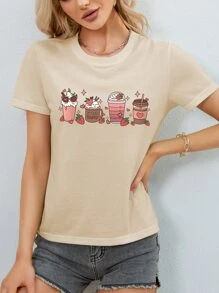 SHEIN EZwear Strawberry And Letter Graphic Tee - Khaki - View 4