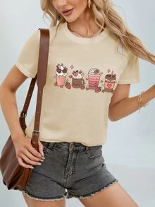 SHEIN EZwear Strawberry And Letter Graphic Tee - Khaki - View 5
