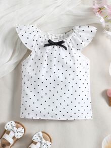 Baby Girl Polka Dot Print Ruffle Trim Bow Front Blouse - White - View 1
