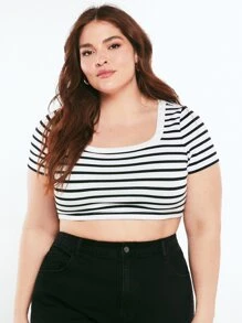 SHEIN BASICS Camiseta Corta Con Rayas Y Talla Grande - Blanco y Negro - Ver 5