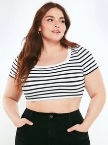 SHEIN BASICS Camiseta Corta Con Rayas Y Talla Grande - Blanco y Negro - Ver 6