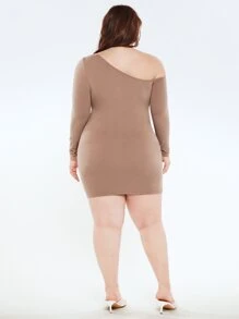 SHEIN BASICS Hơn Chất rắn Cổ không đối xứng Váy bodycon - Màu nâu  Mocha - Xem 2