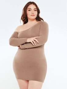 SHEIN BASICS Hơn Chất rắn Cổ không đối xứng Váy bodycon - Màu nâu  Mocha - Xem 6