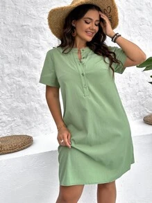 Mulvari Plus Half Button Tunic Dress - Mint Green - View 1