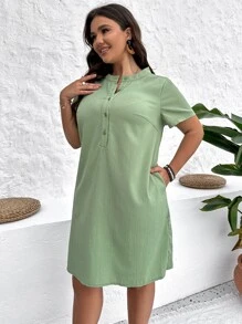 Mulvari Plus Half Button Tunic Dress - Mint Green - View 3