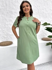 Mulvari Plus Half Button Tunic Dress - Mint Green - View 4