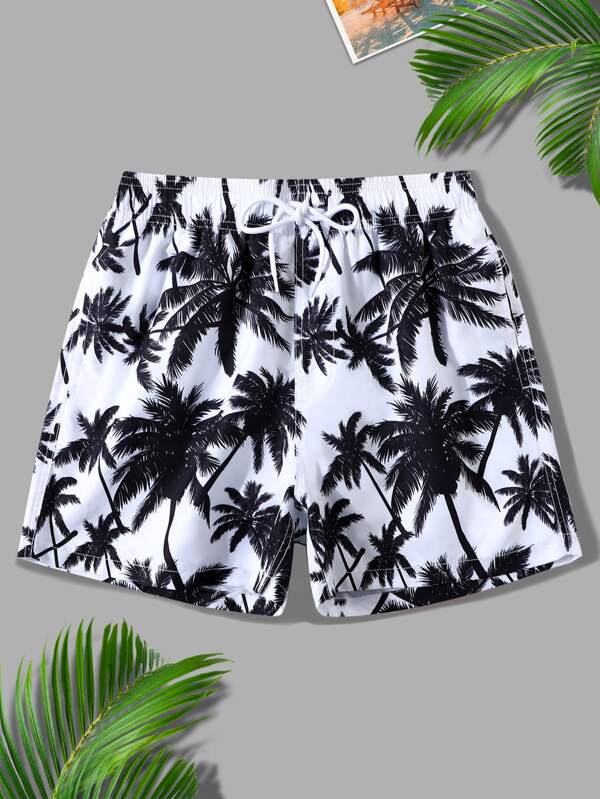 Manfinity KASUA Swim Trunks For Men Drawstring Waist Security Pockets Lightweight 4-Way Stretch Palm Tree Floral For Resort Casual,Beach VacationBlack And White Fabric Non-Stretch Beach Shorts,Hawaiian