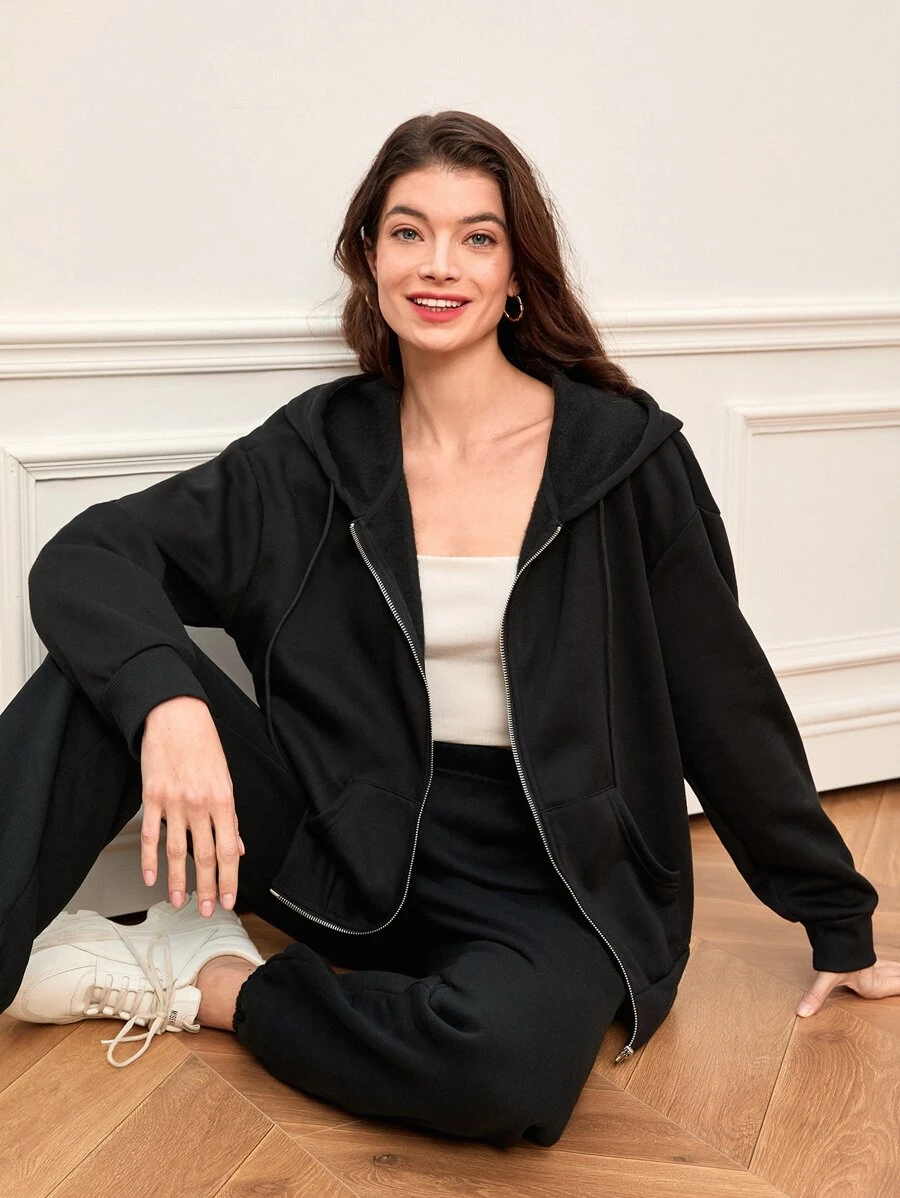 SHEIN BASICS Drop Shoulder Zipper Up Hooded Sweatshirt - Black - View 1