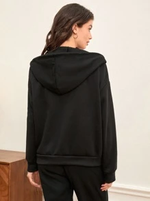 SHEIN BASICS Drop Shoulder Zipper Up Hooded Sweatshirt - Black - View 2