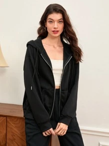 SHEIN BASICS Drop Shoulder Zipper Up Hooded Sweatshirt - Black - View 3
