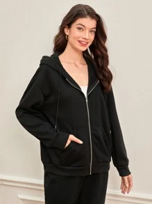 SHEIN BASICS Drop Shoulder Zipper Up Hooded Sweatshirt - Black - View 5