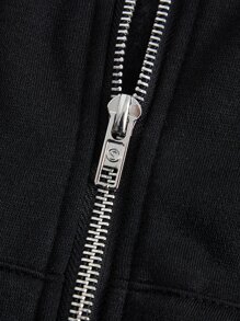 SHEIN BASICS Drop Shoulder Zipper Up Hooded Sweatshirt - Black - View 6