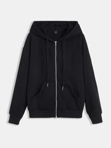 SHEIN BASICS Drop Shoulder Zipper Up Hooded Sweatshirt - Black - View 7