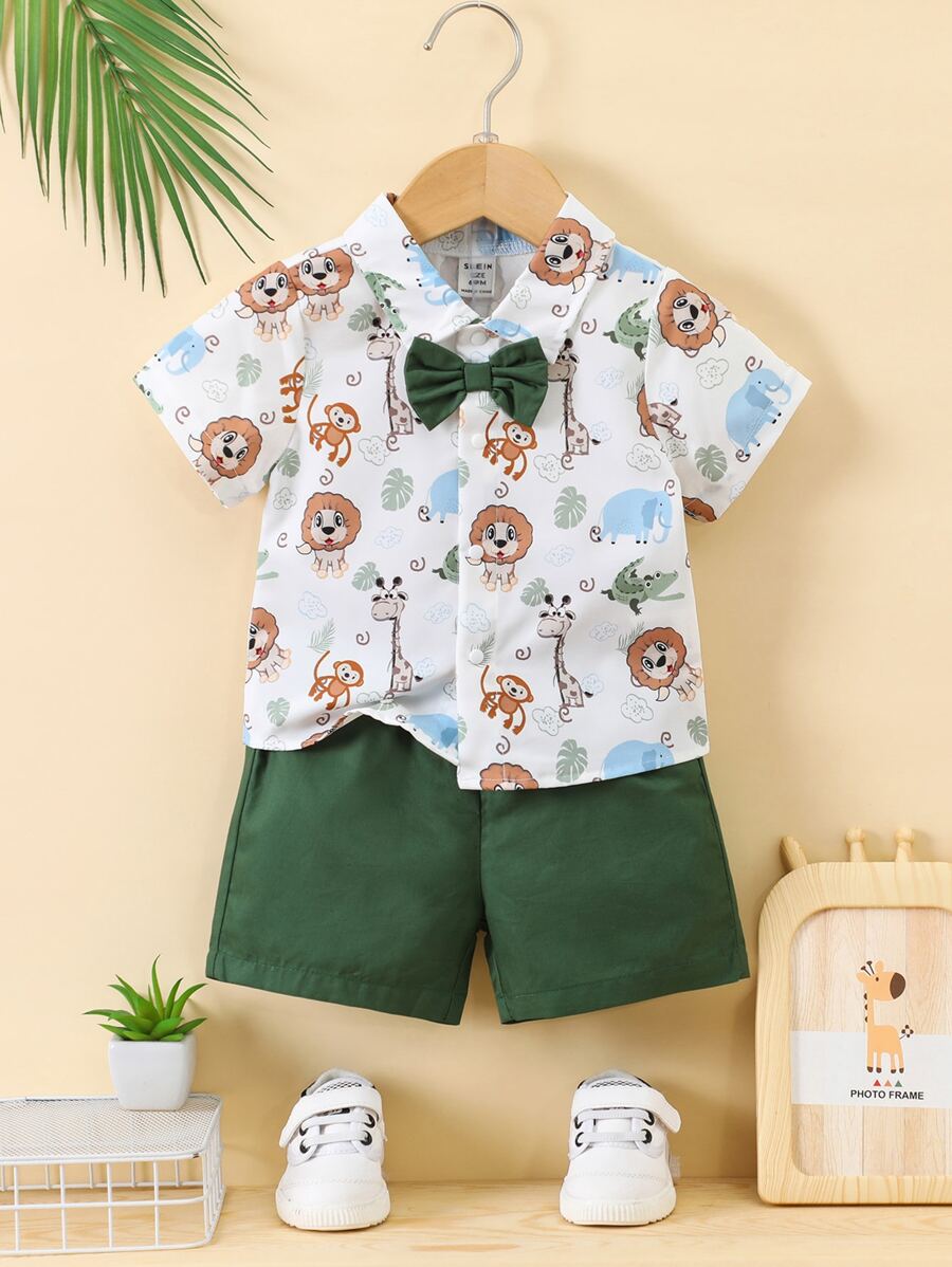 男嬰卡通圖案前蝴蝶結襯衫和短褲 - 彩色 - 查看 1