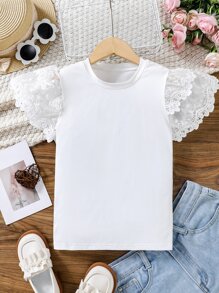 Tween Girl Contrast Lace Butterfly Sleeve Tee,Holiday,Summer,Travel - White - View 1