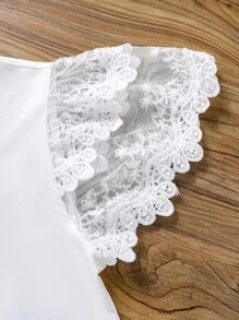 Tween Girl Contrast Lace Butterfly Sleeve Tee,Holiday,Summer,Travel - White - View 4