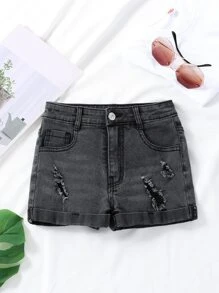 女孩破洞磨損邊牛仔短褲 - 黑色 - 查看 1