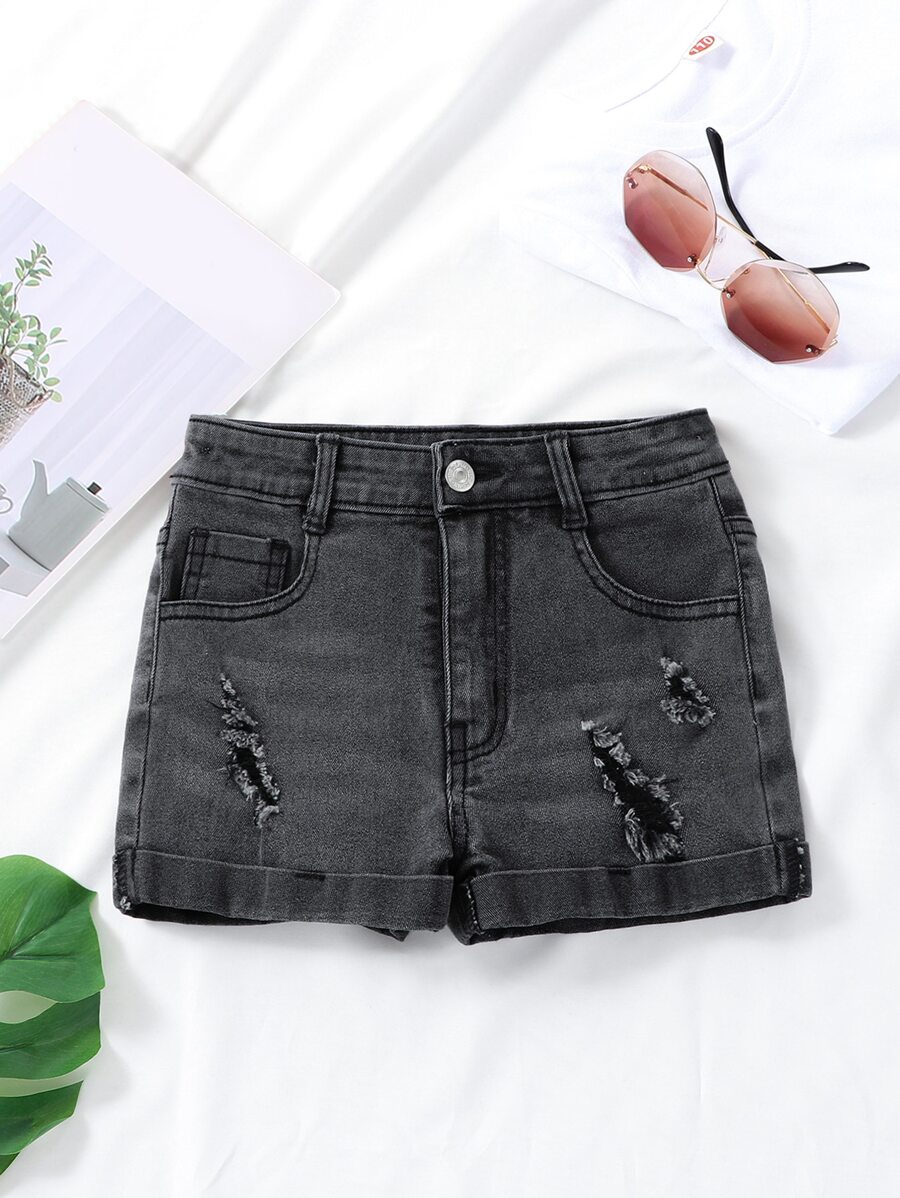 女孩破洞磨損邊牛仔短褲 - 黑色 - 查看 1