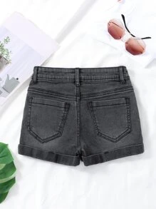 女孩破洞磨損邊牛仔短褲 - 黑色 - 查看 2