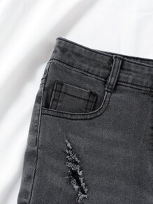 女孩破洞磨損邊牛仔短褲 - 黑色 - 查看 5