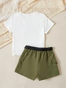 SHEIN 女孩仙人掌和標語圖案T恤和翻蓋口袋附腰帶短褲