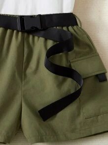 SHEIN 女孩仙人掌和標語圖案T恤和翻蓋口袋附腰帶短褲