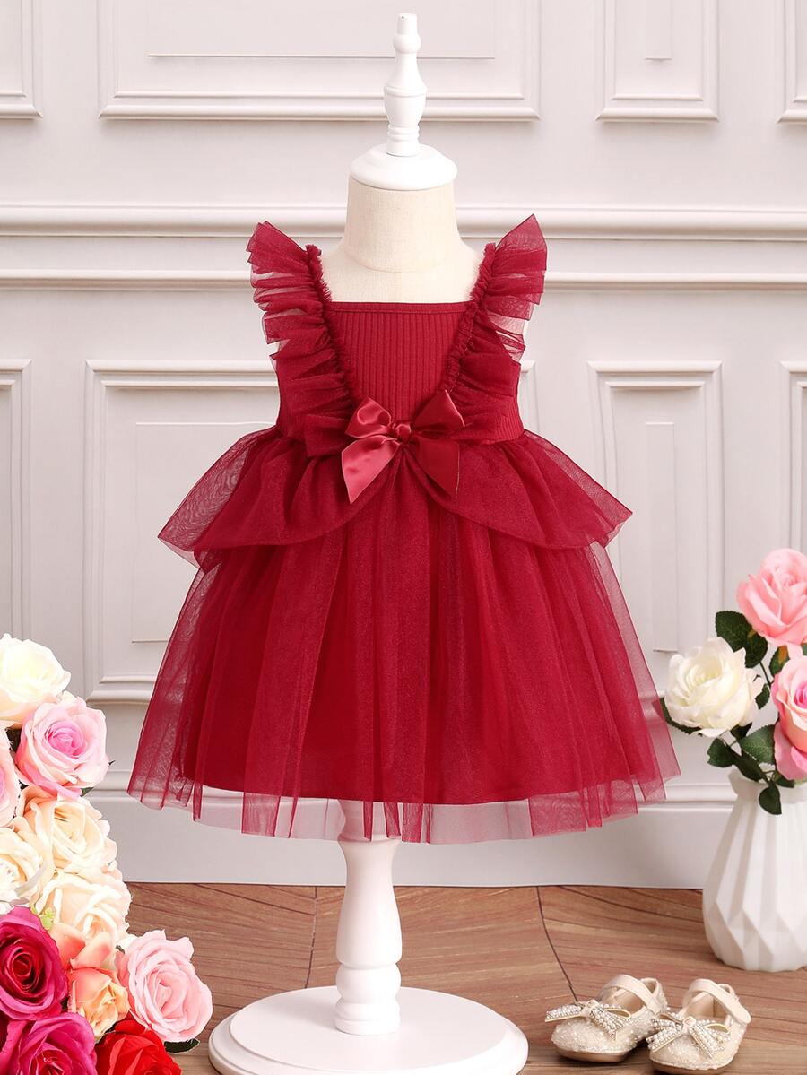 嬰兒荷葉邊前蝴蝶結網紗邊洋裝 - 酒紅色 - 查看 1