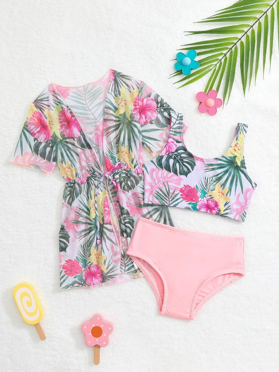 Baby Girls Vacation Style Printed Random Swimsuit Set With Sun Protection Coat For Summer Play - Multicolor - View 1
