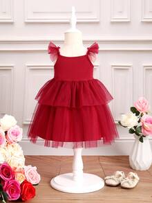 嬰兒荷葉邊前蝴蝶結網紗邊洋裝 - 酒紅色 - 查看 2