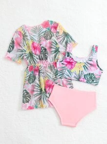 Baby Girls Vacation Style Printed Random Swimsuit Set With Sun Protection Coat For Summer Play - Multicolor - View 2