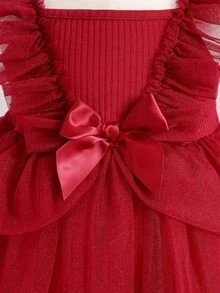 嬰兒荷葉邊前蝴蝶結網紗邊洋裝 - 酒紅色 - 查看 3