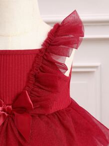 嬰兒荷葉邊前蝴蝶結網紗邊洋裝 - 酒紅色 - 查看 4
