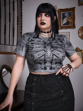 Goth Plus Tie Dye Skeleton Print Crop Tee