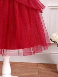 嬰兒荷葉邊前蝴蝶結網紗邊洋裝 - 酒紅色 - 查看 6