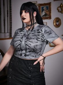 ROMWE Goth 大碼紮染骷髅圖案短款T恤