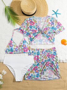 SHEIN Teen Girls Floral Halter Triangle Bikini Set With Cover Up Set Summer Beach - Multicolor - View 1