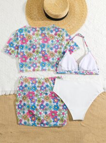 SHEIN Teen Girls Floral Halter Triangle Bikini Set With Cover Up Set Summer Beach - Multicolor - View 2