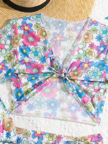 SHEIN Teen Girls Floral Halter Triangle Bikini Set With Cover Up Set Summer Beach - Multicolor - View 3