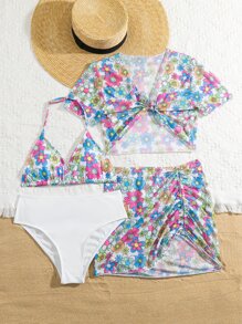 SHEIN Teen Girls Floral Halter Triangle Bikini Set With Cover Up Set Summer Beach - Multicolor - View 5