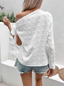 SHEIN VCAY Swiss Dot Asymmetrical Neck Knot Side Blouse - White - View 5