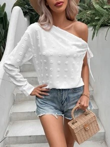 SHEIN VCAY Swiss Dot Asymmetrical Neck Knot Side Blouse - White - View 3