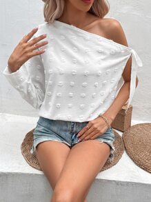 SHEIN VCAY Swiss Dot Asymmetrical Neck Knot Side Blouse - White - View 2