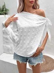 SHEIN VCAY Swiss Dot Asymmetrical Neck Knot Side Blouse - White - View 6