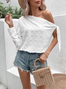 SHEIN VCAY Swiss Dot Asymmetrical Neck Knot Side Blouse - White - View 1