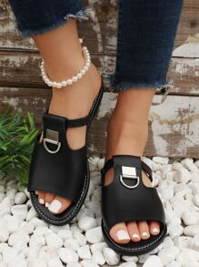 時尚黑色涼拖適用於女士金屬裝飾針腳細節涼鞋