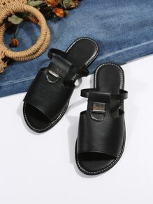 時尚黑色涼拖適用於女士金屬裝飾針腳細節涼鞋