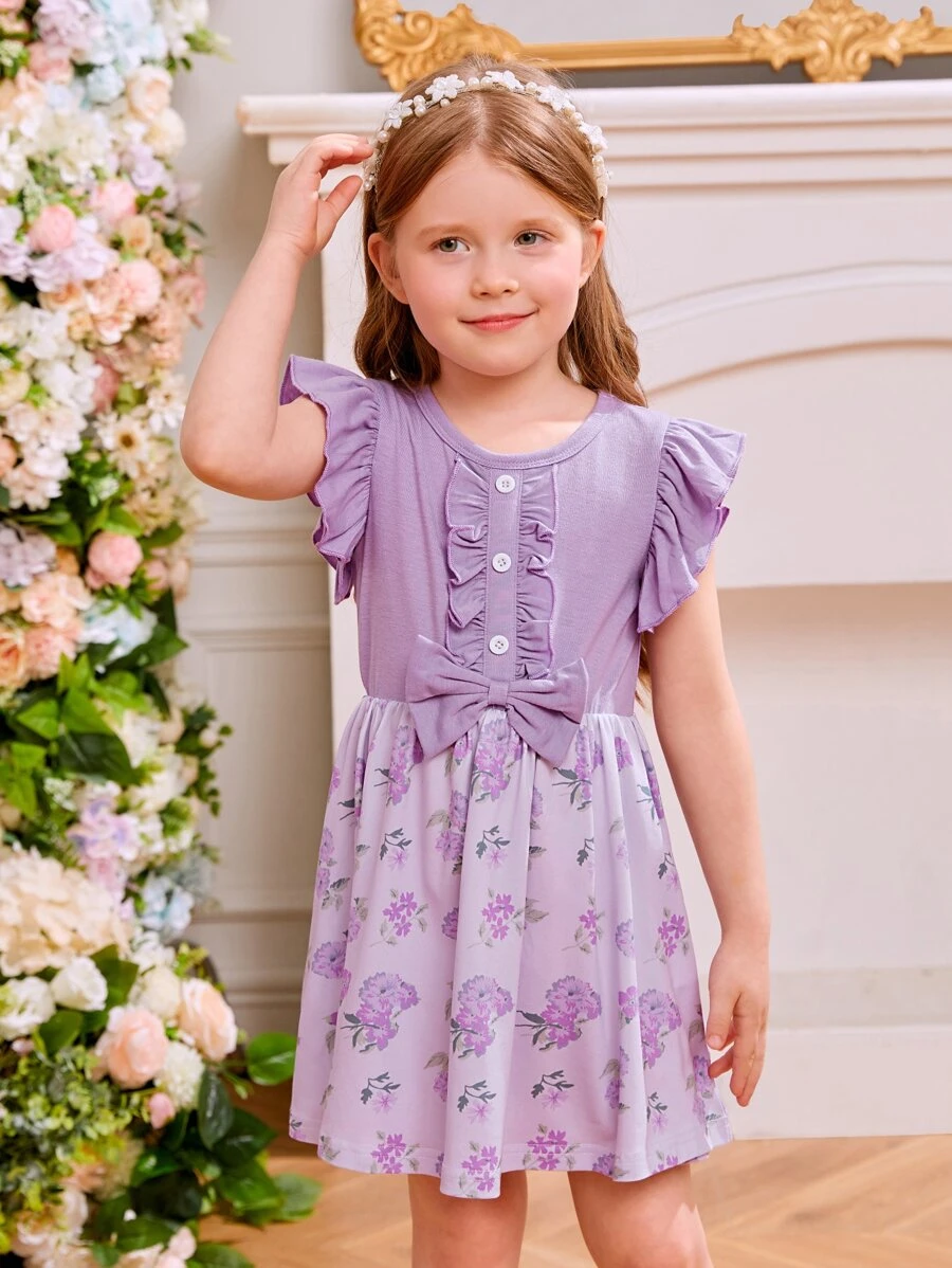 Toddler Girls Floral Print Ruffle Trim Bow Front Dress - Purple - View 1